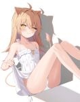  1girl ahoge animal_ears bangs bare_arms bare_legs bare_shoulders blush breasts brown_hair clothes_lift dress dress_lift feet_out_of_frame frilled_dress frills halter_dress halterneck highres indie_virtual_youtuber k_mugura knees_up leaning_back lifted_by_self lion_ears lion_girl lion_tail long_hair looking_at_viewer panties rurudo_lion shadow side-tie_panties sidelocks sitting small_breasts smile solo string_panties tail thighs tsurime underwear untied untied_panties virtual_youtuber white_background white_dress white_panties yellow_eyes 
