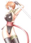  1girl arm_up armor armpits backless_leotard bad_id black_gloves black_leotard black_thighhighs breasts bright_pupils character_request copyright_request gloves happy holding holding_staff holding_weapon leotard lowres neck_armor orange_hair pauldrons red_eyes red_sash rendezvous sash short_hair shoulder_armor sideboob simple_background smile staff thighhighs upper_body weapon white_background 