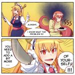  2girls blonde_hair commentary crossover dot_nose dragon_girl dragon_horns elbow_gloves english_commentary english_text food gloves gradient_hair hair_ornament hairclip holding holding_knife holding_plate horns knife kobayashi-san_chi_no_maidragon lamia long_hair long_sleeves maid maid_headdress miia_(monster_musume) monmusu monster monster_girl multicolored_hair multiple_girls necktie orange_eyes plate pointing_weapon pointy_ears puffy_short_sleeves puffy_sleeves purple_hair red_hair red_necktie shirt short_sleeves silent-shanin snake_tail speech_bubble sweater tail tohru_(maidragon) very_long_hair white_gloves white_shirt wide_oval_eyes yellow_background yellow_sweater 