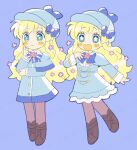  1girl blonde_hair blue_background blue_eyes blush_stickers boots bow bowtie capelet cordelia_glauca deerstalker dress flower flower-shaped_pupils full_body hair_flower hair_ornament hand_on_own_chest hat hat_bow index_finger_raised long_hair long_sleeves multiple_views open_mouth pantyhose smile symbol-shaped_pupils tantei_opera_milky_holmes tsunoji very_long_hair 