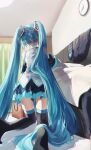  1other bag bare_shoulders black_thighhighs blanket blue_hair carpet clock clothes_removed commentary_request couch covering_with_blanket detached_sleeves from_behind hair_focus hatsune_miku highres indoors jacket jacket_removed kneeling long_hair necktie necktie_removed no_shoes pentagon_(railgun_ky1206) pleated_skirt shirt skirt solo_focus thighhighs twintails very_long_hair vocaloid wall_clock white_shirt 