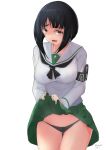  1girl absurdres armband ass_visible_through_thighs black_eyes black_hair black_neckerchief black_panties blouse blunt_bangs blunt_ends blush bob_cut clothes_lift commentary commission cowboy_shot dated frown girls_und_panzer gotou_moyoko green_skirt groin highres irukatto lifted_by_self long_sleeves looking_at_viewer miniskirt neckerchief ooarai_school_uniform open_mouth panties pixiv_commission pleated_skirt sailor_collar school_uniform serafuku shirt short_hair simple_background skirt skirt_lift solo standing sweatdrop thigh_gap twitter_username underwear white_background white_sailor_collar white_shirt 