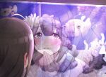  1boy 1girl ahoge aquarium blue_sweater blush braid brown_eyes coat coral fish green_hair hand_to_own_mouth idolmaster idolmaster_shiny_colors kusaka_io kuwayama_chiyuki long_hair out_of_frame puffer_fish puffy_cheeks reflection single_braid solo_focus sweater 