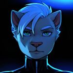 2024 alexa_neon anthro clothing domestic_cat felid feline felis fur hybrid icon intersex latex latex_clothing maleherm mammal neon neon_lights poker_face rim_light sad solo