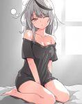 1girl :c arm_at_side arm_between_legs armpit_crease bare_legs bare_shoulders barefoot black_hair black_shirt breasts cleavage collarbone day dot_nose feet grey_hair highres hololive indoors large_breasts long_bangs long_hair looking_at_viewer multicolored_hair no_pants off-shoulder_shirt off_shoulder on_bed one_eye_closed open_mouth pink_eyes sakamata_chloe shirt short_sleeves sidelocks sitting solo straight_hair streaked_hair toes virtual_youtuber wariza window yu_d1005 