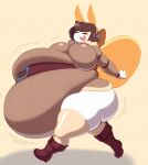 2020 angstrom anthro arthropod belly bely big_belly big_breasts boots breasts brown_boots brown_clothing brown_footwear brown_hair brown_sweater brown_topwear clothing digital_media_(artwork) eyes_closed fake_ears fake_rabbit_ears fat_fetish female footwear fur hair hi_res huge_belly hyper hyper_belly insect lepidopteran moth motion_lines neck_tuft open_mouth orange_wings overweight simple_background solo sweater tan_background tan_body tan_fur tan_stockings teeth tongue topwear tuft unknown_character walking white_body wings wobbling