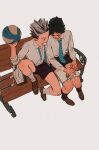  2boys absurdres akaashi_keiji ankle_socks bag ball bench black_hair black_shorts black_socks blue_necktie bokuto_koutarou book brown_eyes brown_footwear chengongzi123 closed_eyes closed_mouth collared_shirt full_body grey_background grey_bag grey_hair grey_shirt grey_socks haikyuu!! hand_up highres holding holding_ball holding_book long_sleeves looking_at_another male_focus multicolored_hair multiple_boys necktie on_bench pigeon-toed school_uniform shirt shoes short_hair shorts simple_background sitting socks streaked_hair striped_necktie undone_necktie very_short_hair volleyball 