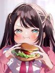  1girl :t absurdres black_hair blue_eyes blurry blush bow burger colored_inner_hair depth_of_field eating fingernails food food_on_face highres holding holding_food hood hoodie jacket kaga_nazuna long_hair long_sleeves looking_at_viewer multicolored_hair pink_hair pink_hoodie pink_jacket pome_charo red_bow scrunchie shirt solo streaked_hair swept_bangs two-tone_hair two_side_up upper_body v-shaped_eyebrows virtual_youtuber vspo! white_shirt 