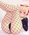  1girl animal_ears ass black_choker black_panties black_shirt blonde_hair blush bow breasts cameltoe cat_ears choker dark-skinned_female dark_skin fishnet_pantyhose fishnets from_below grin hair_between_eyes hair_bow highres large_breasts legs_up long_hair looking_at_viewer nottytiffy original panties pantyhose red_bow red_eyes shirt slit_pupils smile solo thighs tiffy_(nottytiffy) underwear 