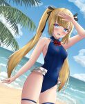 1girl adapted_costume azur_lane beach blonde_hair blue_eyes blue_one-piece_swimsuit blue_sky breasts cloud contrapposto cowboy_shot day dead_or_alive dead_or_alive_5 dead_or_alive_xtreme dutch_angle frilled_swimsuit frills gothic_lolita highres horizon lolita_fashion long_hair marie_rose marie_rose_(devilish_servant_against_the_splashing_waves) namako32 ocean outdoors sky small_breasts solo swimsuit twintails 