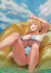  1girl bangs blonde_hair blush breasts cleavage cloud day habetrot_(last_origin) hair_between_eyes hair_bun highres huge_breasts last_origin nose nyanom one-piece_swimsuit open_mouth outdoors sidelocks sitting sky solo spraying swimsuit tears water wet 