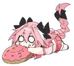  1boy astolfo_(fate) astolfo_(sailor_paladin)_(fate) black_bow black_footwear blush_stickers bow braid chibi crop_top doughnut eating fang fate/apocrypha fate/grand_order fate_(series) food food_in_mouth food_on_face hair_between_eyes hair_bow hair_intakes haoro long_braid long_hair lying male_focus multicolored_hair neckerchief official_alternate_costume on_stomach otoko_no_ko oversized_food oversized_object pink_hair pink_neckerchief pink_sailor_collar pink_skirt pleated_skirt plump sailor_collar school_uniform serafuku shirt short_eyebrows short_sleeves simple_background single_braid skin_fang skirt solid_circle_eyes solo sprinkles streaked_hair thighhighs two-tone_hair very_long_hair white_background white_hair white_shirt white_thighhighs 