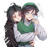  2boys absurdres ahoge aqua_eyes aqua_hair artist_name beret black_hair black_hoodie braid casual cellphone couple eyeliner genshin_impact green_hair green_headwear green_sweater hand_on_another&#039;s_waist hat head_on_another&#039;s_shoulder highres holding holding_phone hood hood_down hoodie hug hug_from_behind leaning_forward long_sleeves makeup male_focus medium_hair multicolored_hair multiple_boys open_mouth parted_lips phone red_eyeliner selfie sevkyi shirt sleeves_past_wrists smartphone sparkle standing sweater teeth twin_braids two-tone_hair upper_body venti_(genshin_impact) white_shirt xiao_(genshin_impact) yaoi yellow_eyes 