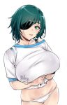  1girl breasts chainsaw_man clothes_lift eyepatch green_eyes green_hair himeno_(chainsaw_man) huge_breasts large_breasts looking_at_viewer navel panties parted_lips relaxjon shirt shirt_lift short_hair simple_background solo underwear white_background white_panties white_shirt 