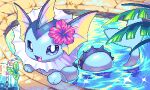  blue_eyes blue_skin cocktail_glass colored_skin cup drinking_glass drinking_straw fang fins flower flower_on_head head_fins highres looking_at_viewer palm_tree partially_submerged pixel_art pokemon pokemon_(creature) pool solo sparkle tail tree uki_(ukierr) umbreon 