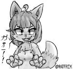 2024 ahoge anthro blush blush_lines bust_portrait canid canine chest_tuft cjk_character claws clothing digital_media_(artwork) eyelashes fangs female fluffy fluffy_tail frown frown_eyebrows frowning_at_viewer greyscale hair hatching_(art) kemono mammal monochrome mythological_canine mythological_creature mythology overalls overalls_only pawpads portrait roaring shaded short_hair simple_background smile solo speech_bubble tail teeth text tuft were werecanid werecanine werewolf white_background