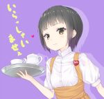  1girl anna_miller badge black_hair brown_eyes commentary_request cup employee_uniform gotou_hisashi heart name_tag orange_skirt original purple_background shirt short_hair skirt smile solo teacup teapot translation_request uniform upper_body waitress white_shirt 