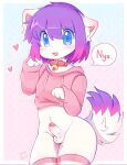 anthro blue_eyes bottomless clothed clothing collar felid feline genitals hair hi_res legwear male mammal penis pink_clothing pink_sweater pink_topwear purple_hair solo sweater thigh_highs third-party_edit topwear yuqikun