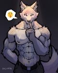  2022 abs anthro barazoku beastars belt biceps big_muscles black_background bottomwear canid canine canis claws clothed clothing dialogue_box dylarts emoji eyebrows front_view fur gesture hand_behind_back hi_res legoshi_(beastars) looking_at_viewer male mammal muscular muscular_anthro muscular_male navel nipples obliques pants pecs scar shush signature simple_background solo spotlight standing topless topless_anthro topless_male tuft wolf 