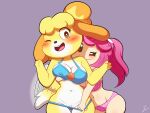 2023 4:3 animal_crossing anthro bikini blonde_hair blue_bikini blue_bikini_top blue_clothing blue_swimwear blush breast_grab breasts brown_eyes canid canine canis cleavage clothed clothing digital_drawing_(artwork) digital_media_(artwork) domestic_dog duo female fur grope hair hand_on_breast hand_under_clothing humanoid isabelle_(animal_crossing) mammal multicolored_body multicolored_fur navel nerdoodlen nintendo one_eye_closed open_mouth pink_bikini pink_bikini_bottom pink_clothing pink_hair pink_swimwear ponytail purple_background seashell shell signature simple_background smile smirk swimwear tail tail_motion tailwag tan_body tan_skin toadette two_tone_body two_tone_fur undressing yellow_body yellow_fur