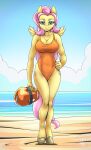 2023 5_fingers absurd_res anthro anthrofied baywatch beach big_breasts biped breasts cleavage clothed clothing cloud detailed_background digital_drawing_(artwork) digital_media_(artwork) equid equine eyebrows female fingers fluttershy_(mlp) friendship_is_magic front_view full-length_portrait hair hand_on_hip hasbro hi_res hooves legs_together lifeguard looking_at_viewer mammal my_little_pony mysticalpha mythological_creature mythological_equine mythology one-piece_swimsuit orange_clothing orange_swimwear pegasus pink_eyebrows pink_hair pink_tail portrait sand sea solo swimwear tail teal_eyes unguligrade_anthro water wings yellow_body