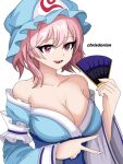  1girl artist_name bare_shoulders breasts chrisdorian cleavage collarbone commentary folding_fan hand_fan hat highres holding holding_fan japanese_clothes kimono large_breasts looking_at_viewer mob_cap open_mouth pink_eyes pink_hair saigyouji_yuyuko short_hair simple_background smile solo touhou triangular_headpiece upper_body v watermark white_background wide_sleeves 