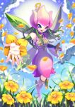  :d blue_sky digimon digimon_(creature) dress flower full_body highres lilimon outdoors outstretched_hand petals pink_dress plant_hair purple_yes shigarami_juju_(art) sky smile wings yellow_flower 