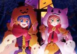  2girls bat_(animal) blue_eyes blue_hair bow bowtie cloak closed_mouth coat commentary cut_bangs dress english_commentary facial_mark fujisaki_star full_moon ghost ghost_costume gloves green_eyes halloween halloween_costume highres hirogaru_sky!_precure indoors jack-o&#039;-lantern_brooch long_hair long_sleeves medium_hair mixed-language_commentary moon multiple_girls night nijigaoka_mashiro open_mouth orange_cloak orange_dress orange_gloves paw_pose pink_hair precure purple_coat red_bow red_bowtie silk single_sidelock smile sora_harewataru spider_web standing star_(symbol) star_facial_mark whisker_markings white_cloak window 