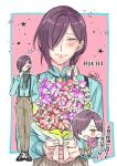  1boy :d :| aqua_shirt arm_behind_back blush bolo_tie border bouquet brown_pants bungou_to_alchemist chibi closed_eyes closed_mouth flower full_body hair_over_one_eye hair_over_shoulder hair_ribbon head_tilt holding holding_bouquet long_hair long_sleeves low_ponytail male_focus multiple_views outside_border pants pink_background pink_flower pinstripe_pants pinstripe_pattern purple_flower purple_hair ribbon saddle_shoes shirt shoes smile solo standing star_(symbol) straight-on suspenders tasikanakoto upper_body white_border white_ribbon yellow_eyes yokomitsu_riichi_(bungou_to_alchemist) 
