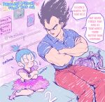  1boy 1girl bag black_eyes black_hair blue_eyes bra_(dragon_ball) child closed_eyes commentary crossed_arms crying dragon_ball dragon_ball_super dress duffel_bag english_commentary father_and_daughter frilled_dress frills hair_bobbles hair_ornament highres medal muscular muscular_male pink_dress polo_shirt short_ponytail tears vegeta whirlydoodle widow&#039;s_peak 