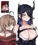  2girls ahoge alternate_hairstyle asymmetrical_horns black_choker black_hair black_sweater blue_hair breasts brown_hair choker cleavage collarbone colored_inner_hair commentary demon_horns derivative_work english_commentary fuyudayoneh hair_ornament hair_over_one_eye heart heart_choker highres hololive hololive_english horn_flower horns large_breasts long_hair looking_at_another looking_to_the_side multicolored_hair multiple_girls nanashi_mumei nanashi_mumei_(4th_costume) nerissa_ravencroft nerissa_ravencroft_(1st_costume) official_alternate_costume red_eyes red_sweater reference_inset screencap_redraw shirt sleeveless sleeveless_shirt smile streaked_hair striped_clothes striped_sweater sweater tassel tassel_hair_ornament torn_clothes uneven_horns virtual_youtuber white_hair white_shirt 