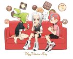 3boys :p ^_^ barefoot black_shorts box box_of_chocolates chocolate clenched_hand closed_eyes commentary_request couch fang green_hair grey_hair happy_valentine high_tops highres holding holding_box inkling inkling_boy inkling_player_character male_focus medium_hair mohawk multiple_boys octoling octoling_boy octoling_player_character on_couch open_mouth red_footwear red_hair shoes short_hair short_ponytail shorts simple_background sitting smile sneakers sparkle splatoon_(series) tentacle_hair thick_eyebrows tongue tongue_out two-tone_footwear vege_cai white_background white_footwear yellow_eyes 