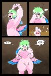 blush cel_shading comic comic_panel fur green_hair hair humanoid lagomorph leporid male mammal open_mouth pawpads paws pink_body pink_fur pink_nose puppetmaster13uwu rabbit rabbit_ears scut_tail shaded short_tail skvader solo spread_wings stretching_arms tail tired wings yawn