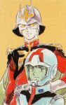  1970s_(style) 1980s_(style) 2boys age_difference alternate_universe amuro_ray artist_request belt char_aznable concept_art earth_federation_space_forces friends gloves good_end gundam helmet highres looking_to_the_side marker_(medium) military military_uniform mobile_suit_gundam multiple_boys portrait production_art retro_artstyle scan science_fiction spacesuit traditional_media uniform zeon 