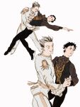  2boys akaashi_keiji arm_around_shoulder ascot black_eyes black_hair black_pants black_vest bokuto_koutarou brown_ascot chengongzi123 closed_eyes commentary epaulettes facing_another frilled_sleeves frills full_body grey_hair grey_jacket grey_pants haikyuu!! hands_up highres holding_hands ice_skates ice_skating jacket long_sleeves looking_at_viewer male_focus multicolored_hair multiple_boys multiple_views open_mouth outstretched_arm pants parted_lips puffy_long_sleeves puffy_sleeves short_hair simple_background skates skating standing streaked_hair symbol-only_commentary tassel thick_eyebrows torso_grab very_short_hair vest white_background 