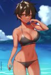  1girl bikini black_bikini black_hair blush breasts cleavage dark_skin earrings jewelry kurobe_natsumi_(shiromanta) kuroonehalf large_breasts light_smile looking_at_viewer navel ocean senpai_ga_uzai_kouhai_no_hanashi short_hair slit_pupils solo swimsuit tan wet yellow_eyes 