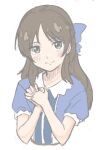  1girl blue_dress blush bow brown_eyes brown_hair cropped_torso dress hair_bow idolmaster idolmaster_cinderella_girls long_hair looking_at_viewer own_hands_together short_sleeves simple_background sketch smile solo tachibana_arisu white_background y_wasabi1211 