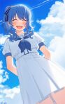  14_(vision5032) 1girl :d aqua_sailor_collar arm_behind_back belt blue_eyes blue_hair blue_neckerchief blue_ribbon blush closed_eyes cloud cloudy_sky collarbone commentary_request contrail day from_below hair_between_eyes hair_over_shoulder hair_ribbon hashtag_only_commentary highres holohoneygaoka_high_school_uniform holohoneygaoka_koukou hololive hoshimachi_suisei knees_out_of_frame long_hair neckerchief official_alternate_costume official_art outdoors pleated_skirt puffy_short_sleeves puffy_sleeves ribbon sailor_collar school_uniform serafuku shirt short_sleeves side_ponytail sidelocks skirt sky smile solo standing teeth twitter_username upper_teeth_only virtual_youtuber white_belt white_serafuku white_shirt white_skirt 