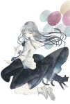  1girl balloon black_cat black_skirt cat closed_eyes closed_mouth converse floating full_body grey_hair highres holding holding_balloon hood hood_down hoodie long_hair long_sleeves original oseto_(oxxsexxto) painting_(medium) shoe_soles shoes simple_background skirt smile solo traditional_media watercolor_(medium) white_background white_footwear white_hoodie 