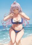  1girl antenna_hair bangs bare_shoulders bikini blue_bikini blurry blurry_background blush breasts brown_eyes cleavage collarbone day feet_out_of_frame granblue_fantasy grey_hair hands_up highres horizon knees_together_feet_apart large_breasts long_hair navel nos ocean open_mouth outdoors pointing pointing_at_self revision sand side-tie_bikini_bottom silva_(granblue_fantasy) smile solo standing swimsuit water waves 