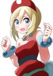  1girl absurdres bare_arms bare_shoulders black_sash blonde_hair blue_eyes bob_cut bracelet breasts collar collarbone hair_between_eyes hairband highres irida_(pokemon) jewelry medium_breasts mikan_(mikan_no_happa) neck_ring pearl_clan_outfit pokemon pokemon_legends:_arceus red_hairband red_shirt sash shirt short_hair shorts solo strapless strapless_shirt upper_body waist_cape white_shorts 