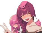  2girls animal_on_head animal_on_shoulder bare_shoulders black_bow black_nails blue_eyes blush bocchi_the_rock! bow braid closed_eyes collarbone gotoh_hitori gotoh_hitori_(octopus) gotoh_hitori_(tsuchinoko) hair_bow hair_over_one_eye highres hiroi_kikuri jacket mikenyan2222 multiple_girls on_head open_mouth pink_hair pink_jacket sharp_teeth simple_background single_braid teeth upper_body v white_background 