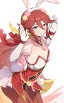  1girl absurdres animal_ears blush breasts cleavage collarbone cordelia_(fire_emblem) cordelia_(spring)_(fire_emblem) cowboy_shot fake_animal_ears fake_tail fire_emblem fire_emblem_awakening fire_emblem_heroes flower gloves gonzarez hair_flower hair_ornament hands_up highres jewelry leotard long_hair looking_at_viewer medium_breasts necklace pantyhose playboy_bunny puffy_short_sleeves puffy_sleeves rabbit_ears rabbit_tail red_eyes red_hair red_leotard red_pantyhose scarf short_sleeves simple_background smile solo strapless strapless_leotard tail very_long_hair white_background white_gloves wrist_cuffs yellow_scarf 