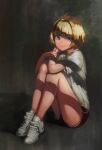  1girl bangs blonde_hair blue_eyes blunt_bangs dappled_sunlight full_body grey_background griffon_(last_origin) gym_uniform highres last_origin looking_at_viewer nyanom red_shorts shirt shoes short_hair short_shorts short_sleeves shorts simple_background sitting smile sneakers solo sunlight white_footwear white_shirt 