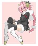  1boy astolfo_(fate) black_garter_straps black_thighhighs blush braid fake_horns fate/apocrypha fate_(series) full_body fur-trimmed_collar fur-trimmed_sleeves fur-trimmed_sweater fur_hairband fur_trim garter_straps hair_between_eyes hair_intakes haoro horn_hairband horns long_braid long_hair male_focus open_mouth otoko_no_ko pink_hair purple_eyes sheep_horns simple_background single_braid sitting smile solo sweater thighhighs very_long_hair white_hair wool 