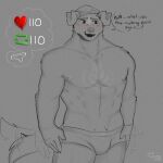 1:1 abs absurd_res anthro aro_selen_(cerberussenn) beanie big_bulge bird_dog blush bulge canid canine canis cerberussenn clothed clothing domestic_dog english_text fidgeting floppy_ears freckles freckles_on_face golden_retriever hat headgear headwear hi_res hunting_dog hybrid male mammal muscular muscular_male nervous nervous_smile pecs pit_bull retriever shy signature solo tail tail_motion tailwag text underwear underwear_only