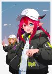  2girls :d absurdres baseball_cap black_jacket blonde_hair blue_eyes border cloud commentary contrail dark-skinned_female dark_skin elf fang guyrys hand_in_pocket hat heterochromia highres hololive hololive_english hood hoodie horns irys_(hololive) jacket kampagiyowu long_hair looking_at_viewer multicolored_hair multiple_girls pointy_ears red_eyes red_hair shiranui_flare sidelocks smile streaked_hair upper_body v virtual_youtuber white_border white_headwear white_hoodie 