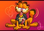 absurd_res anthro aroused aroused_face balls blue_eyes bodily_fluids bottomless bottomless_male catdog_(series) clothed clothing cum cum_drip domestic_cat dripping felid feline felis garfield_(series) garfield_the_cat genital_fluids genitals hi_res lobofeo male mammal nickelodeon precum precum_drip shirt solo sweat topwear