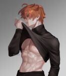  1boy abs absurdres ahoge artist_name black_pants black_shirt blue_eyes clothes_lift from_side genshin_impact grey_background highres long_sleeves looking_ahead male_focus muscular muscular_male orange_hair pants parted_lips pectorals red_hair scar scar_on_chest sevkyi shirt shirt_lift short_hair simple_background solo steam sweat sweatdrop tartaglia_(genshin_impact) teeth turtleneck 