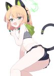  1girl absurdres animal_ear_headphones animal_ears ass bare_arms bare_legs bikini black_bikini blonde_hair blue_archive blush cat_tail fake_animal_ears feet_out_of_frame frilled_bikini frills green_eyes green_halo hagoonha halo headphones highres midori_(blue_archive) open_mouth short_hair simple_background smile solo swimsuit tail white_background 